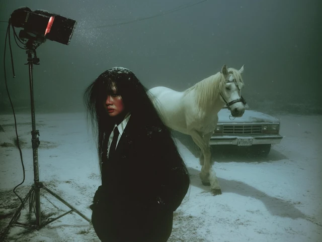 Woman in Snow with Horse