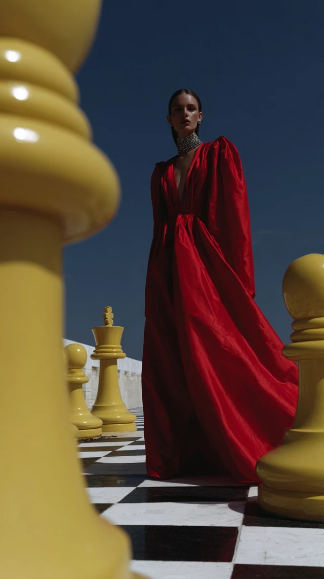 Red Dress on Chessboard Retro Fashion Editorial