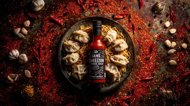 Schezwan Hot Sauce with Noodles and Momos Food Photo