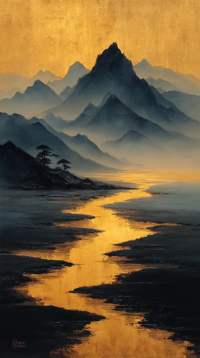 Chinese Ink Landscape Painting Black and Gold