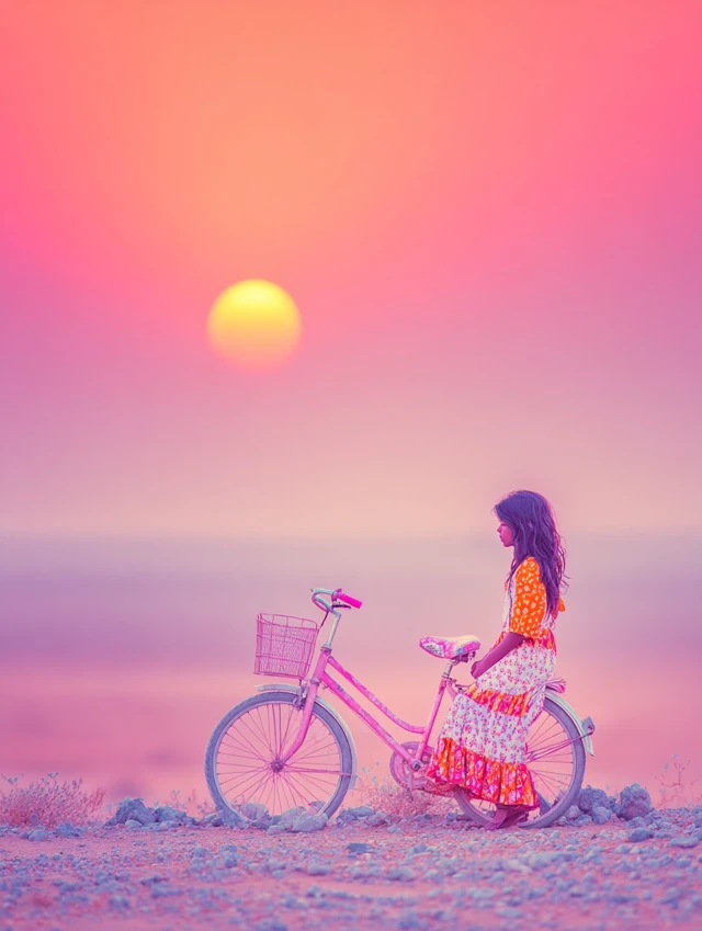 Girl with Broken Bike Evening Reflection