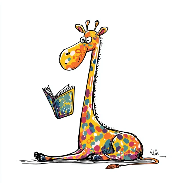 Funny Giraffe Reading Book Doodle Art