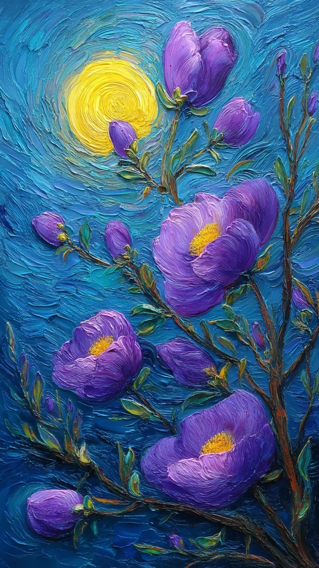 Purple Peonies Oil Painting in Van Gogh Style