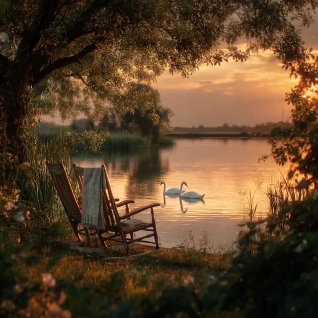 Summer Evening Scene Swans Lake Golden Sunset