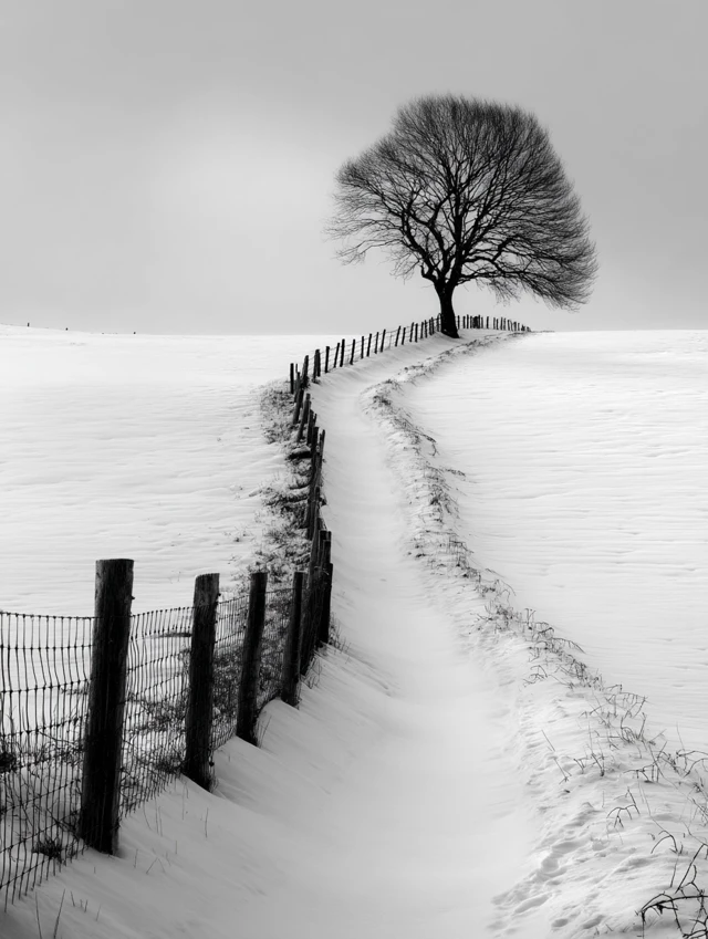 Black and White Winter Scene with Fence and Tree