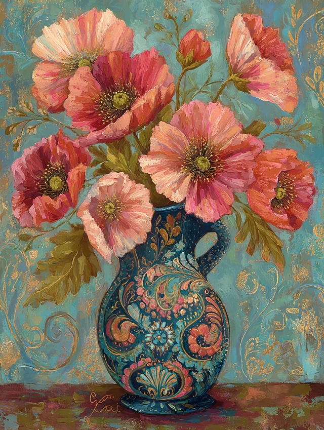Poppy Flowers in a Vase Modern Art Painting Gold Accents