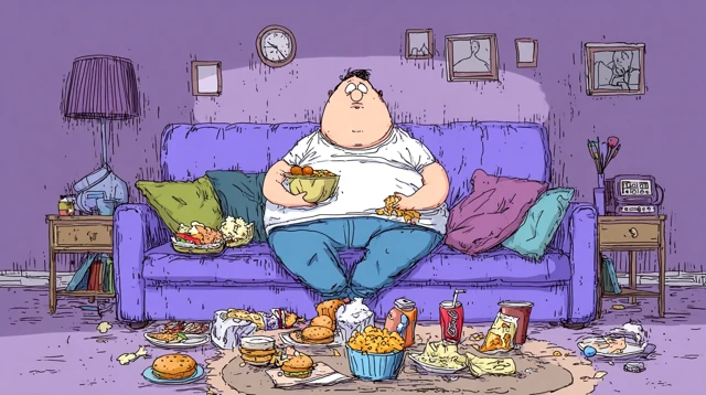 Cartoon of an Overweight Person Eating Junk Food on a Couch