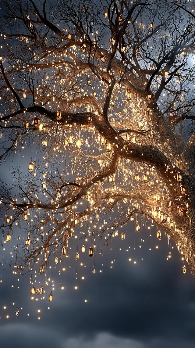 Nighttime Tree Lanterns Illuminated Scene