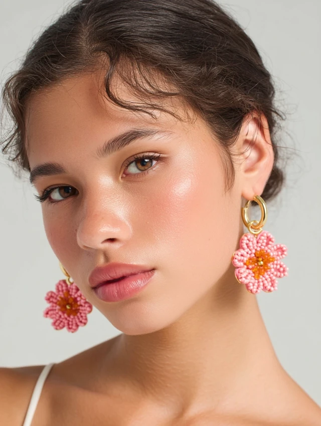 Pink Beaded Flower Earrings Gold Huggie Hoops Editorial