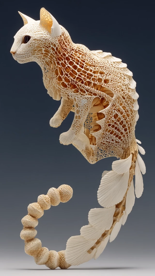 Bone Cat Sculpture: Elongated Tail Porcelain Art