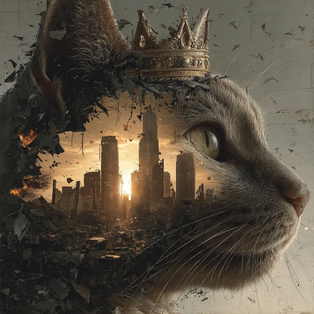 Apocalyptic Cat King Ruling Over Ruined City