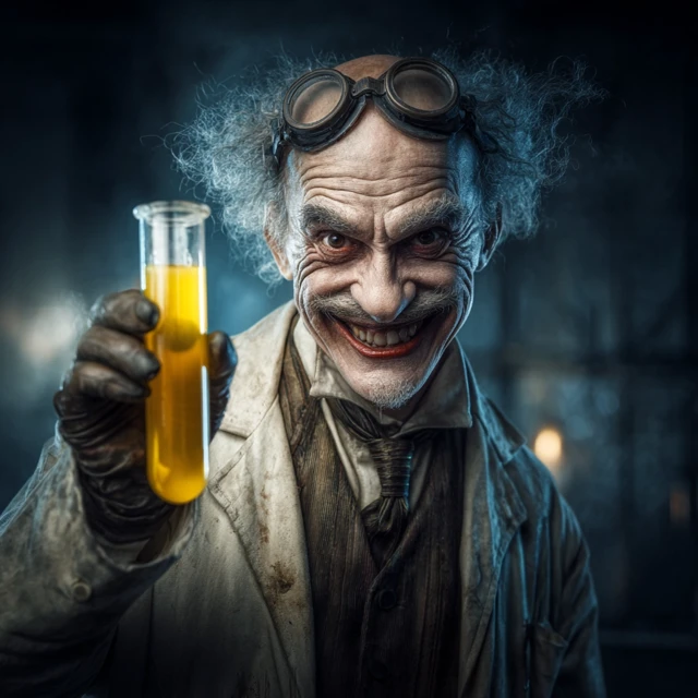 Mad Scientist with Golden Liquid Dark Fantasy Art