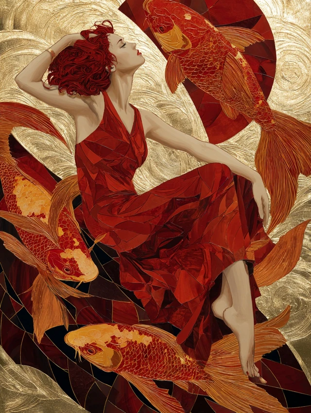Art Deco Woman with Koi Fish Painting