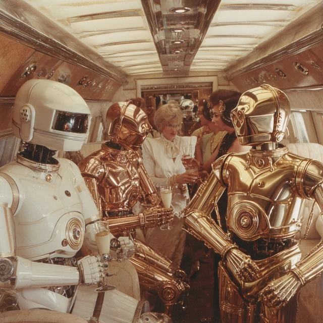 Robots Partying in a 1980s Private Jet