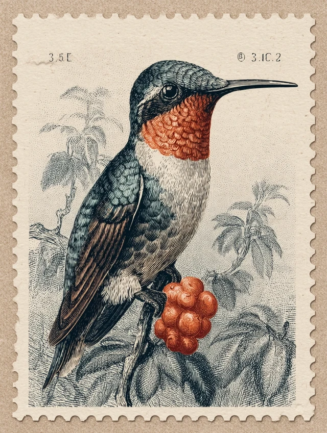 Hummingbird Postage Stamp Art - Fine Line Engraving