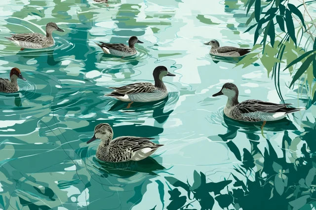 Grey Teal Ducks on Cooks River Illustration