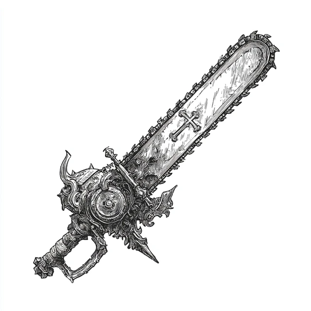 Gothic Chainsaw Sword Icon Black and White