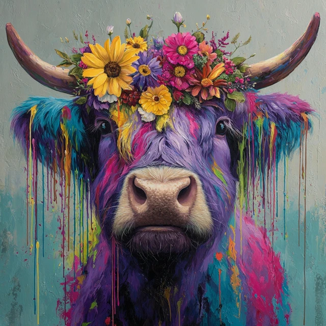 Highland Cow Portrait Colorful Flowers Art