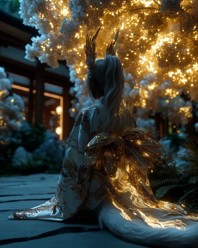 Magical Kitsune Woman in Japanese Garden