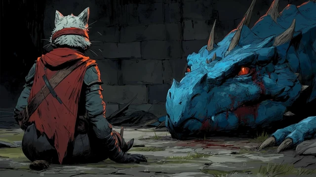 Cat Man Defeats Dragon Dark Fantasy Art