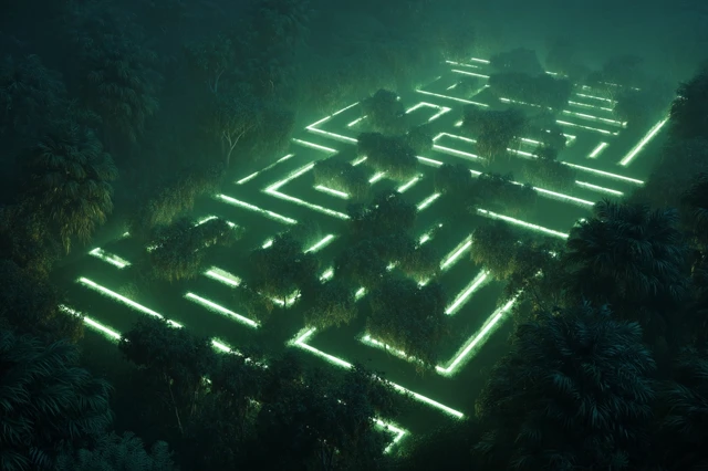 Glowing Circuit Maze in a Jungle Fog