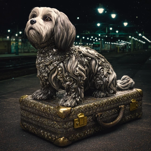 Lhasa Apso on Suitcase Abandoned Train Station