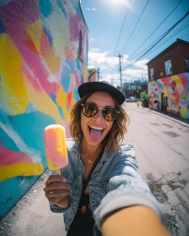 Woman with Popsicle Smiling in Front of Graffiti