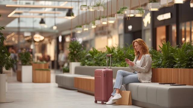 Woman in Shopping Mall Using Phone Lifestyle Editorial