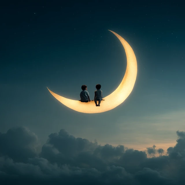 Boys on the Moon Dreamy Night Sky Scene