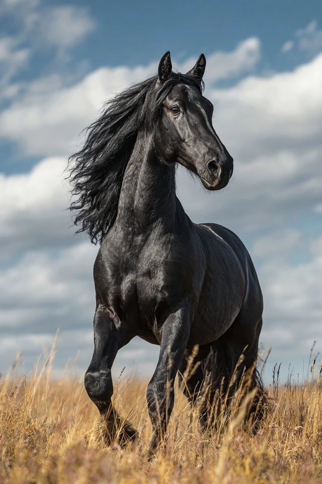 Black Friesian Horse in Grassland Stunning Photography