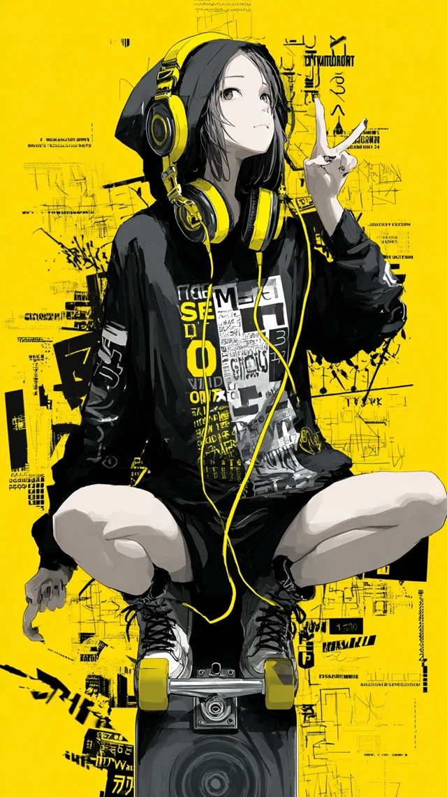 Anime DJ on Hoverboard with Graffiti Background