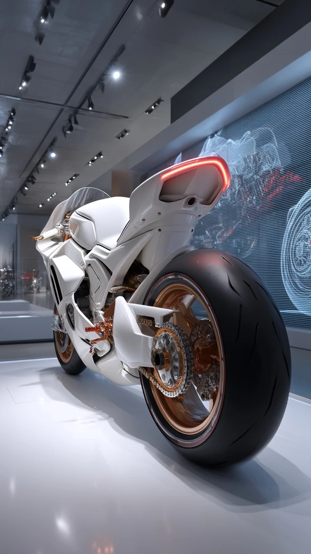 Futuristic White Superbike in Art Gallery