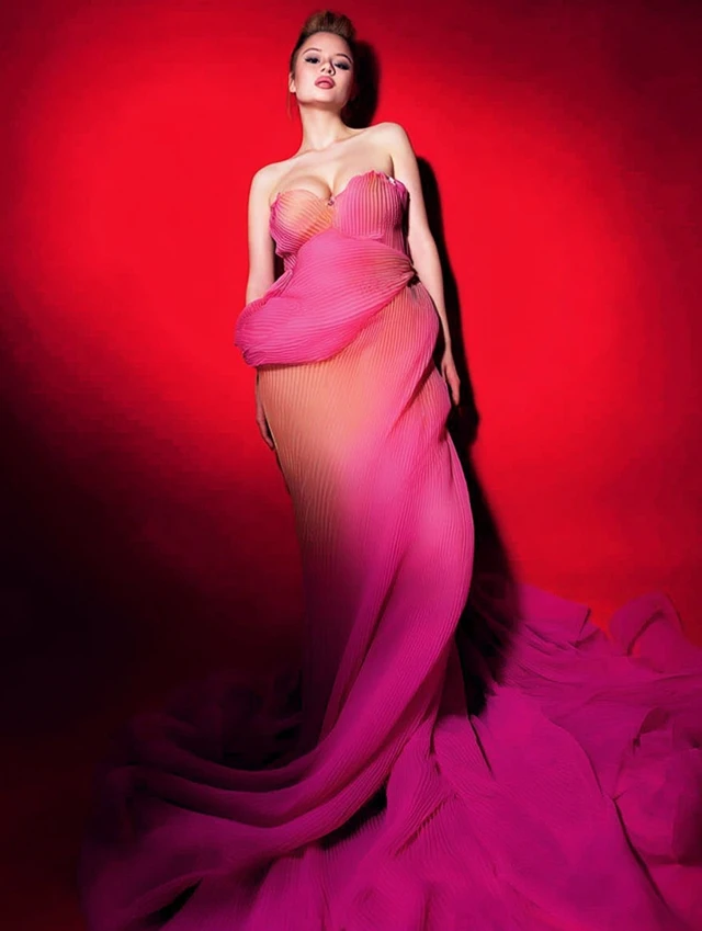 Pink Dress Portrait of European Girl in Red Background