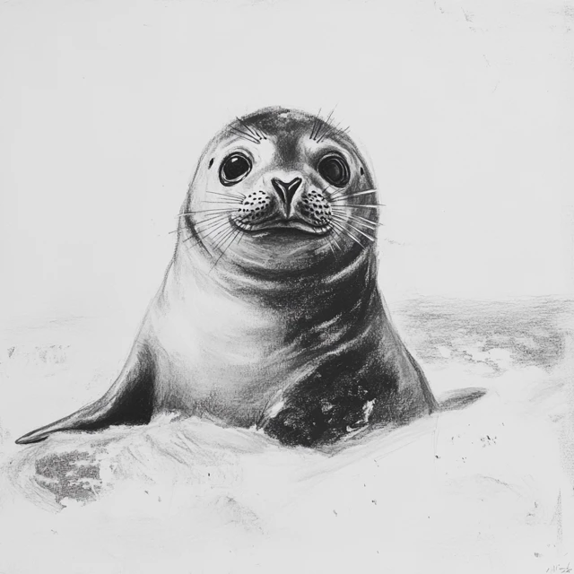 Monochrome Charcoal Drawing of a Seal Pup on Ice