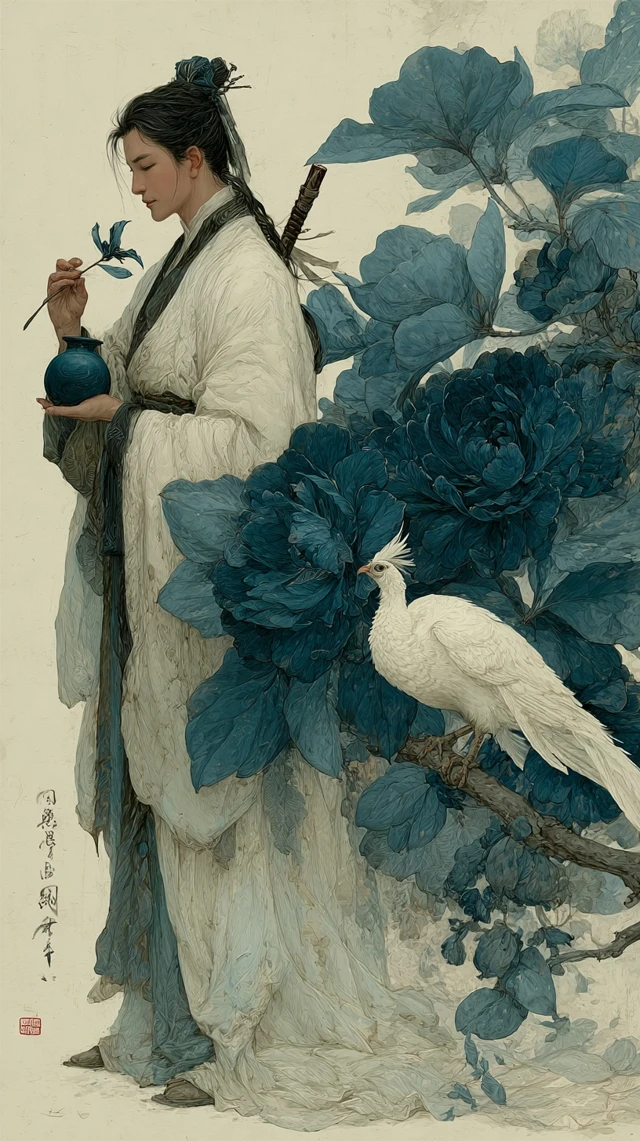 Ancient Chinese Man and Pheasant Ink Illustration