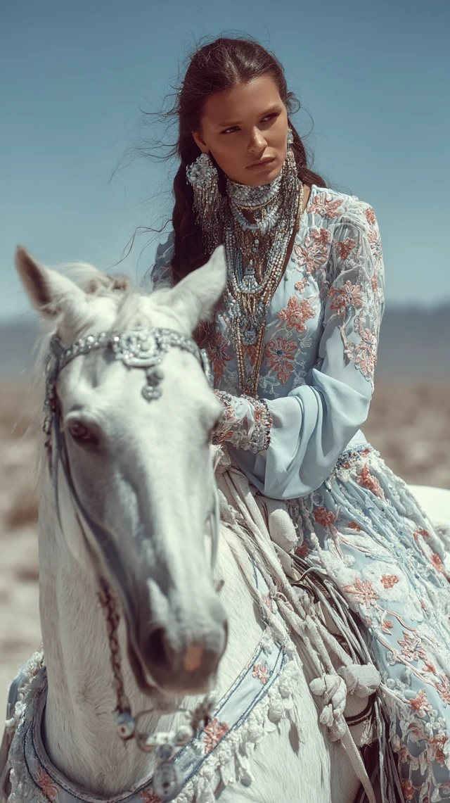Boho Woman on Horse in Desert Fashion Photography