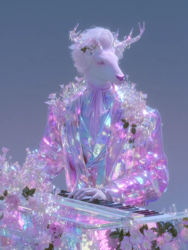 Deer Musician at Piano Surreal Pastel Art