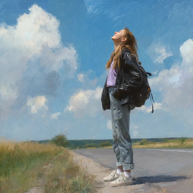Joyful Girl on Road Realistic Illustration