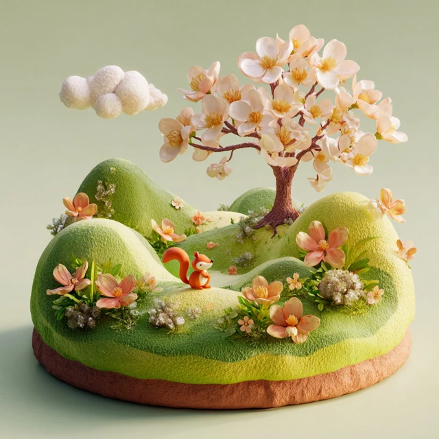 Spring Scene 3D Squirrel on Platform with Flowers