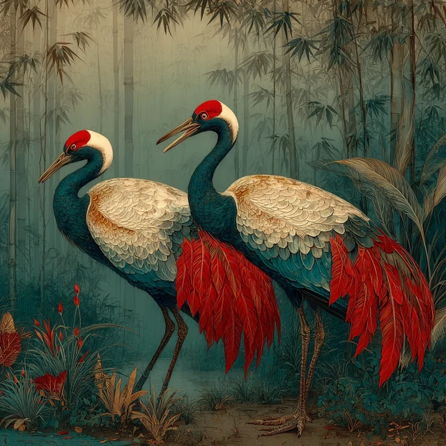 Ancient Chinese Art Red Crowned Cranes Bamboo Forest