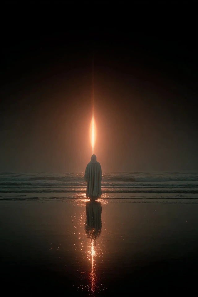 Man Walking on Ocean Under Bright Star
