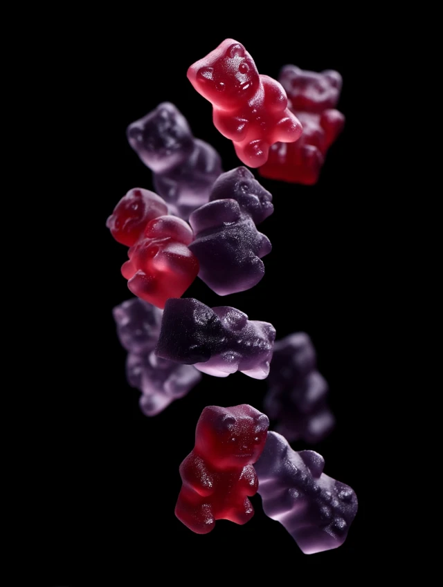 Gummy Bears Falling Down Red Purple Black Background