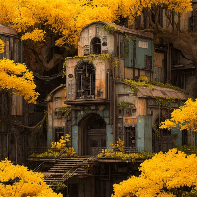 Overgrown Building in Solarpunk Style Autumn Foliage