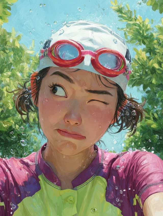 Young Asian Woman in Swim Cap and Goggles