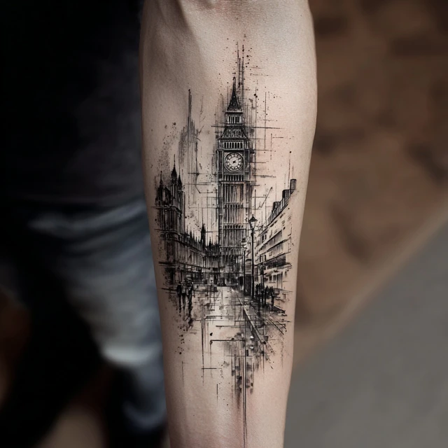 London Tattoo Sketch Big Ben Dramatic Design