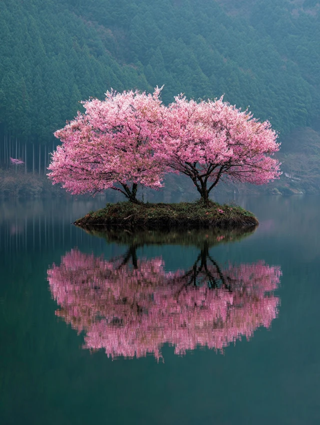 Cherry Blossom Island Lake Landscape Photography