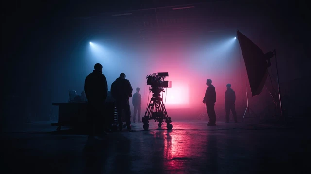 Dark Studio Scene with Camera Crew and Dramatic Lighting