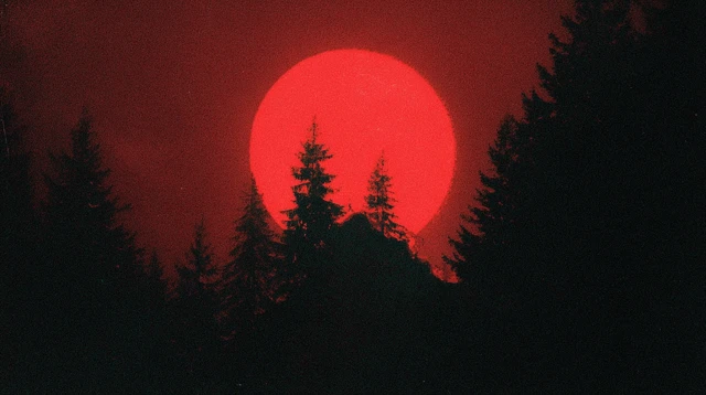 Ominous Red Moon Night Horror Scene 1980s
