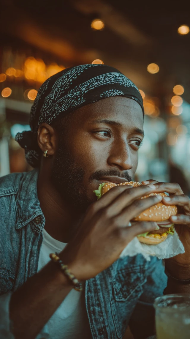 Black Man Enjoying a Burger Close Up