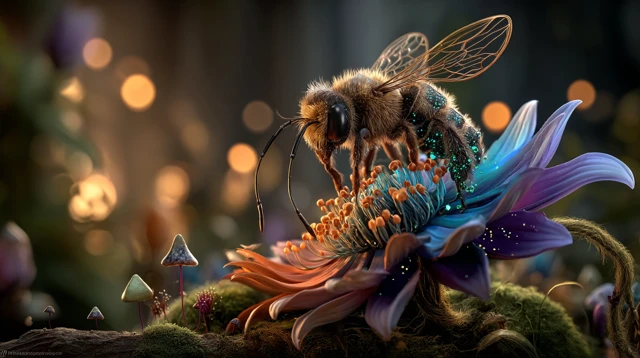 Magical Bee on Exotic Flower Dawn Hyperrealistic 4K